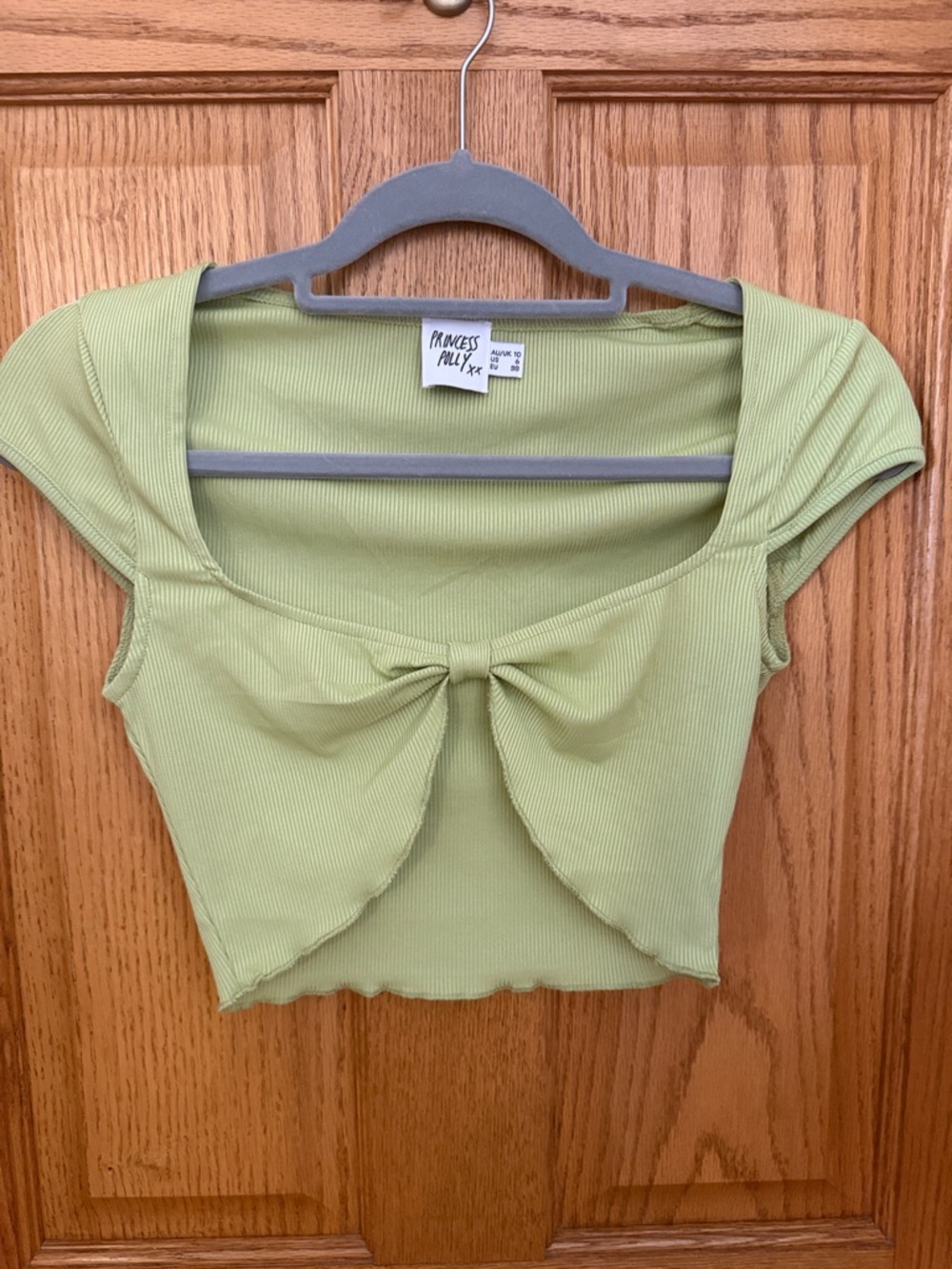 Princess Polly Sage Ribbed Tie-Front Crop Top